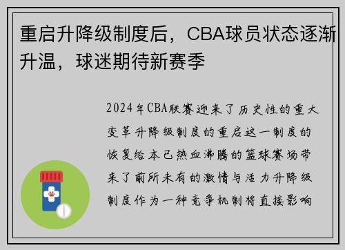 重启升降级制度后,CBA球员状态逐渐升温,球迷期待新赛季