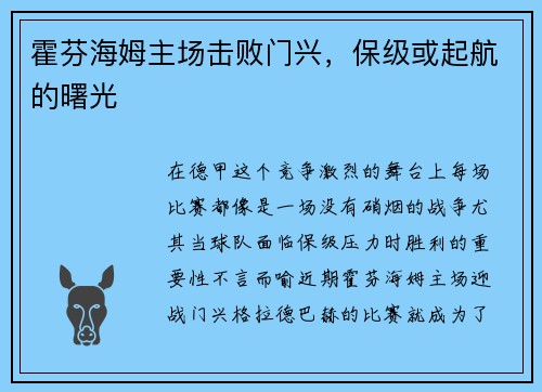 霍芬海姆主场击败门兴，保级或起航的曙光